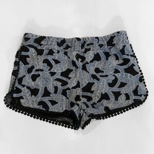 PAPER Crane Blue Textured Short Shorts with Floral pattern and pom pom trim‌